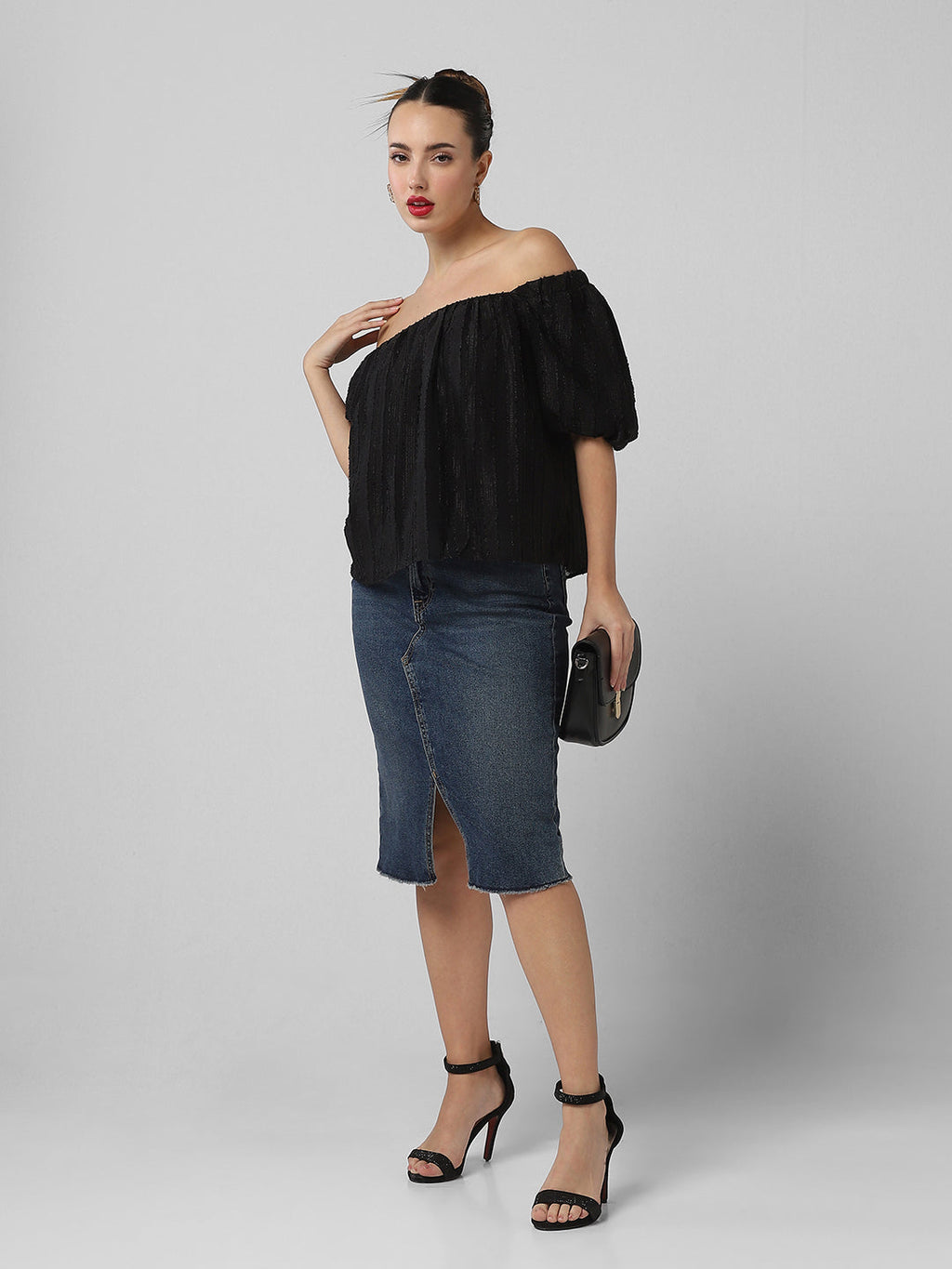 Women's Black Off-Shoulder Puff Sleeve Bardot Top