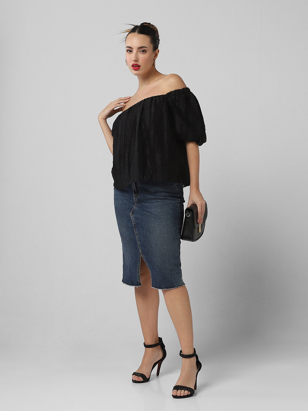 Women's Black Off-Shoulder Puff Sleeve Bardot Top