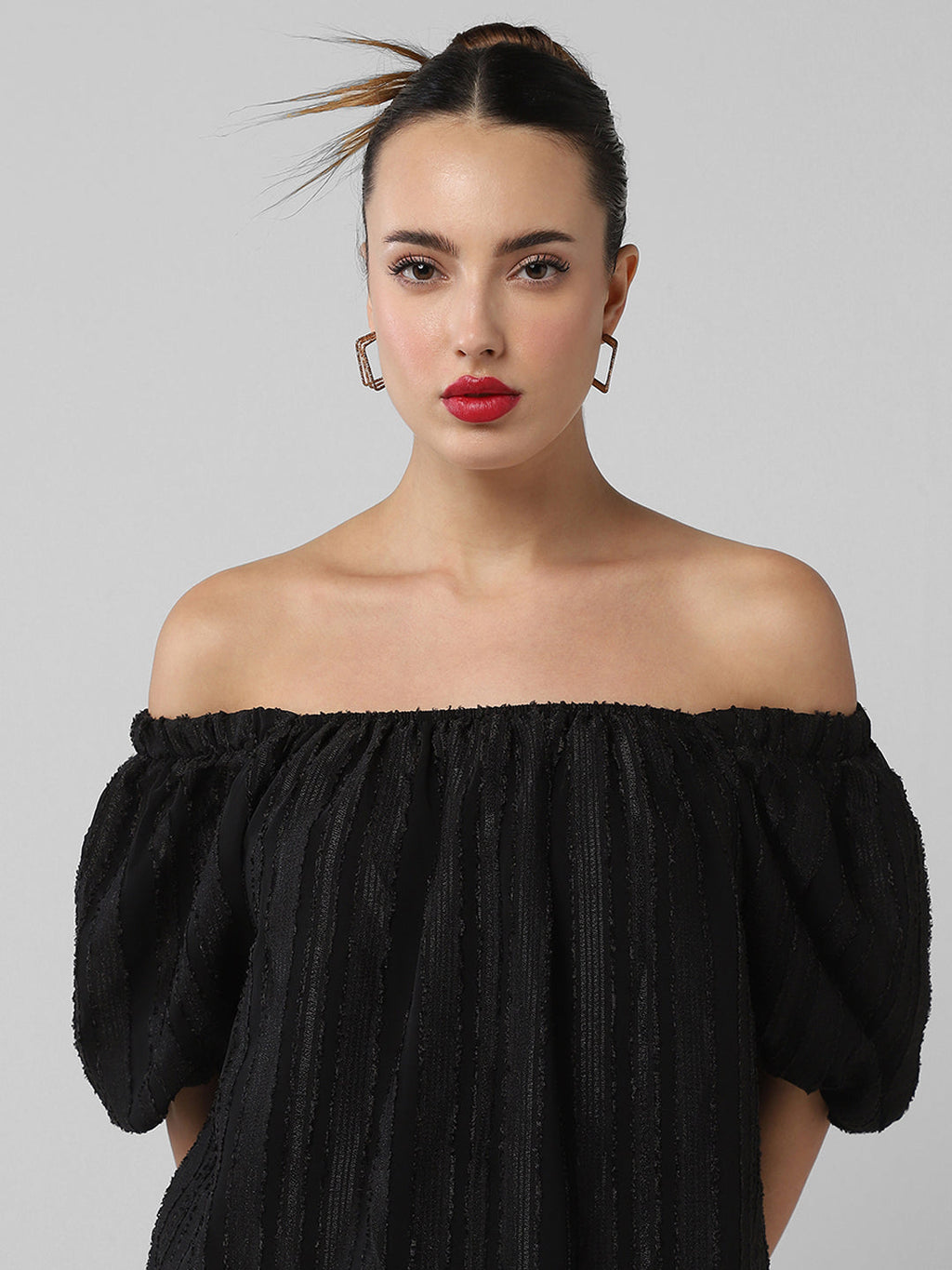 Women's Black Off-Shoulder Puff Sleeve Bardot Top