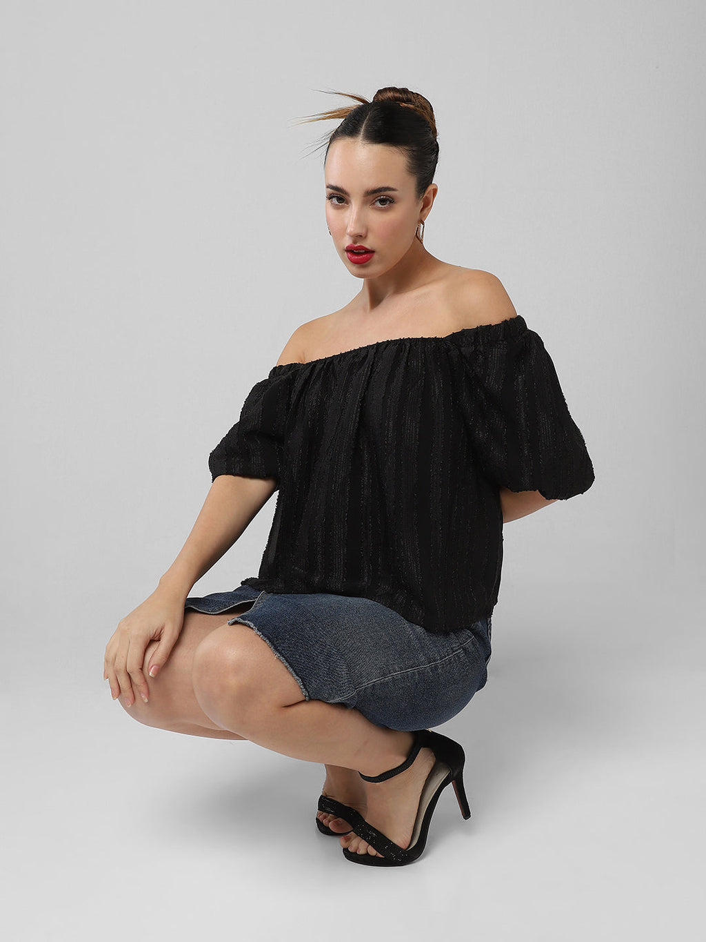 Women's Black Off-Shoulder Puff Sleeve Bardot Top