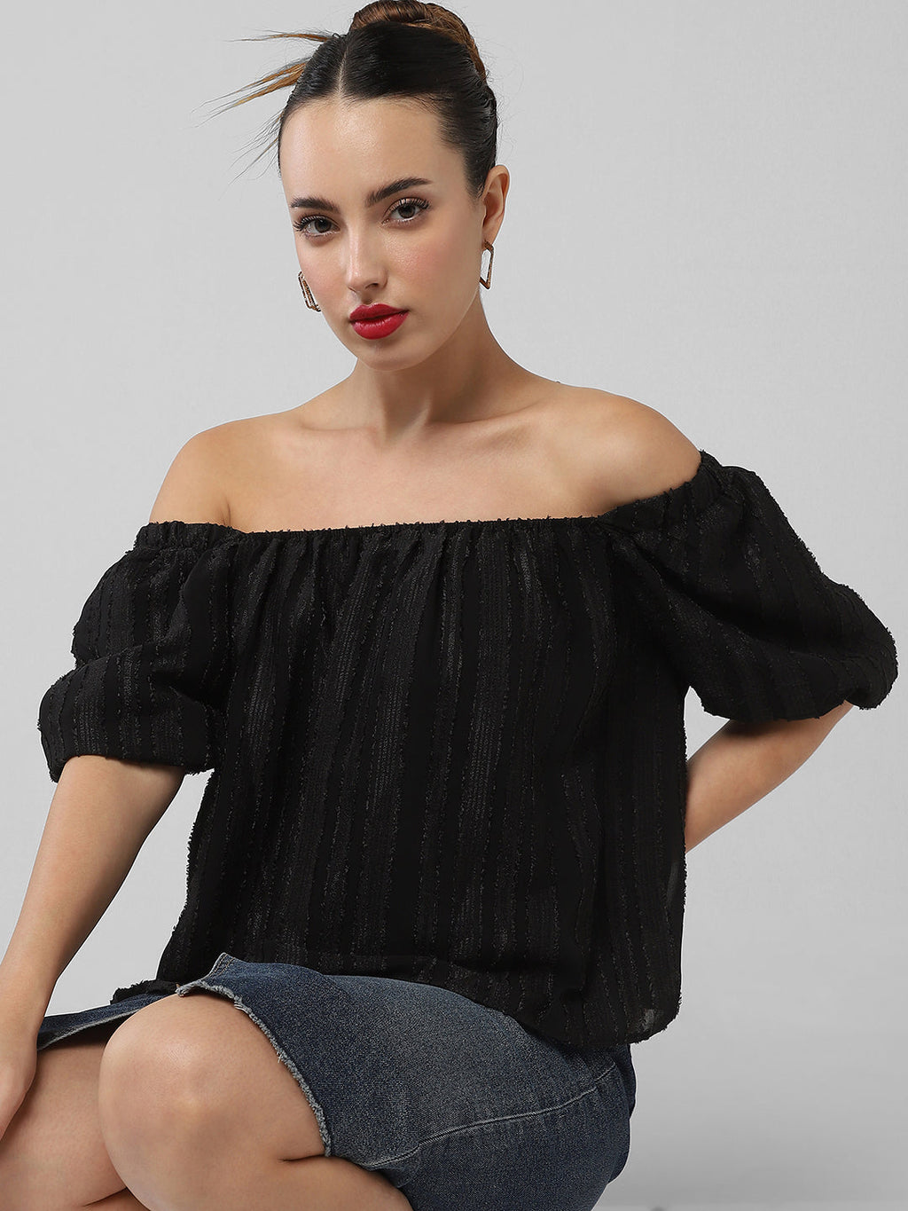 Women's Black Off-Shoulder Puff Sleeve Bardot Top