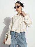 Women's Striped Cream Shirt Style Top with Toggle Hem