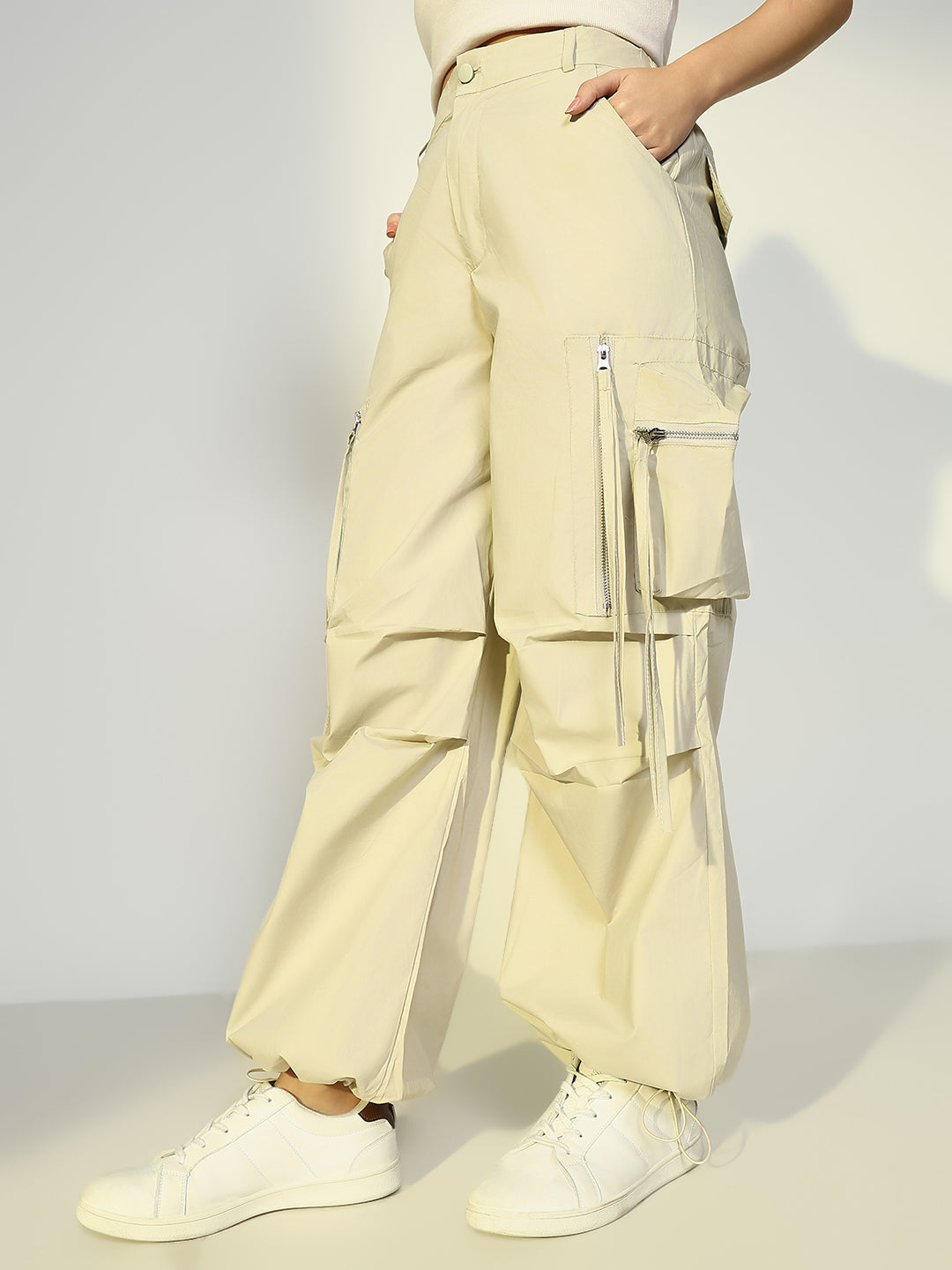 Women's Beige Parachute Pants with Side Pocket and Zip Detail