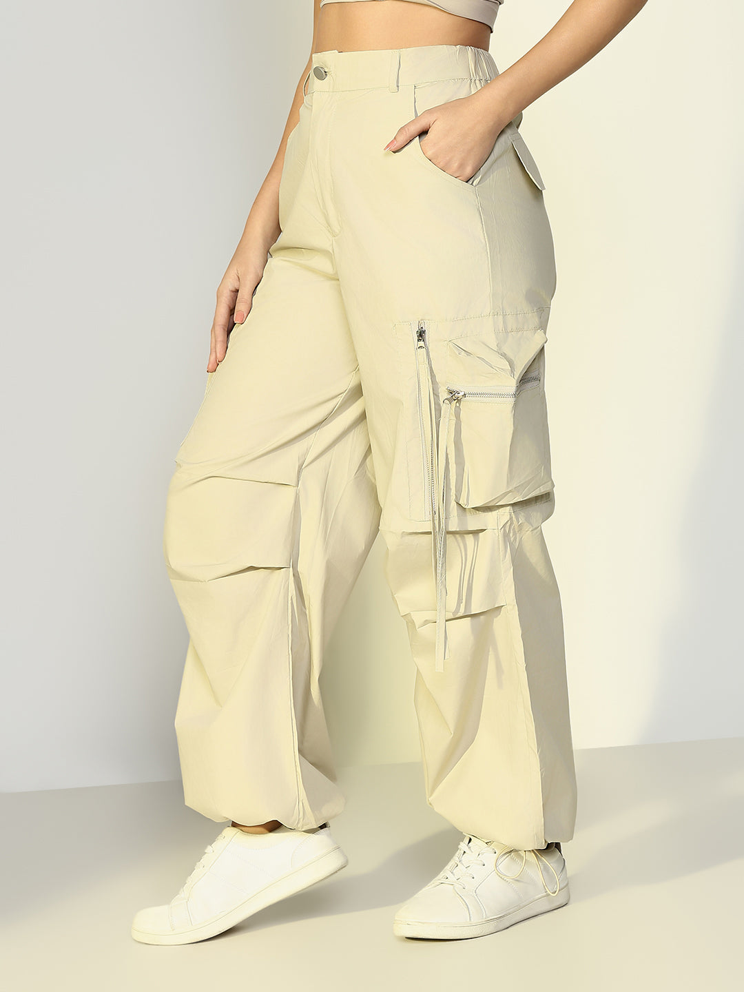 Women's Beige Parachute Pants with Side Pocket and Zip Detail