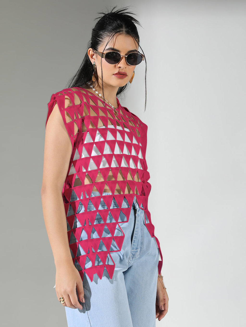 Women's Solid Pink Round Neck Crochet Top