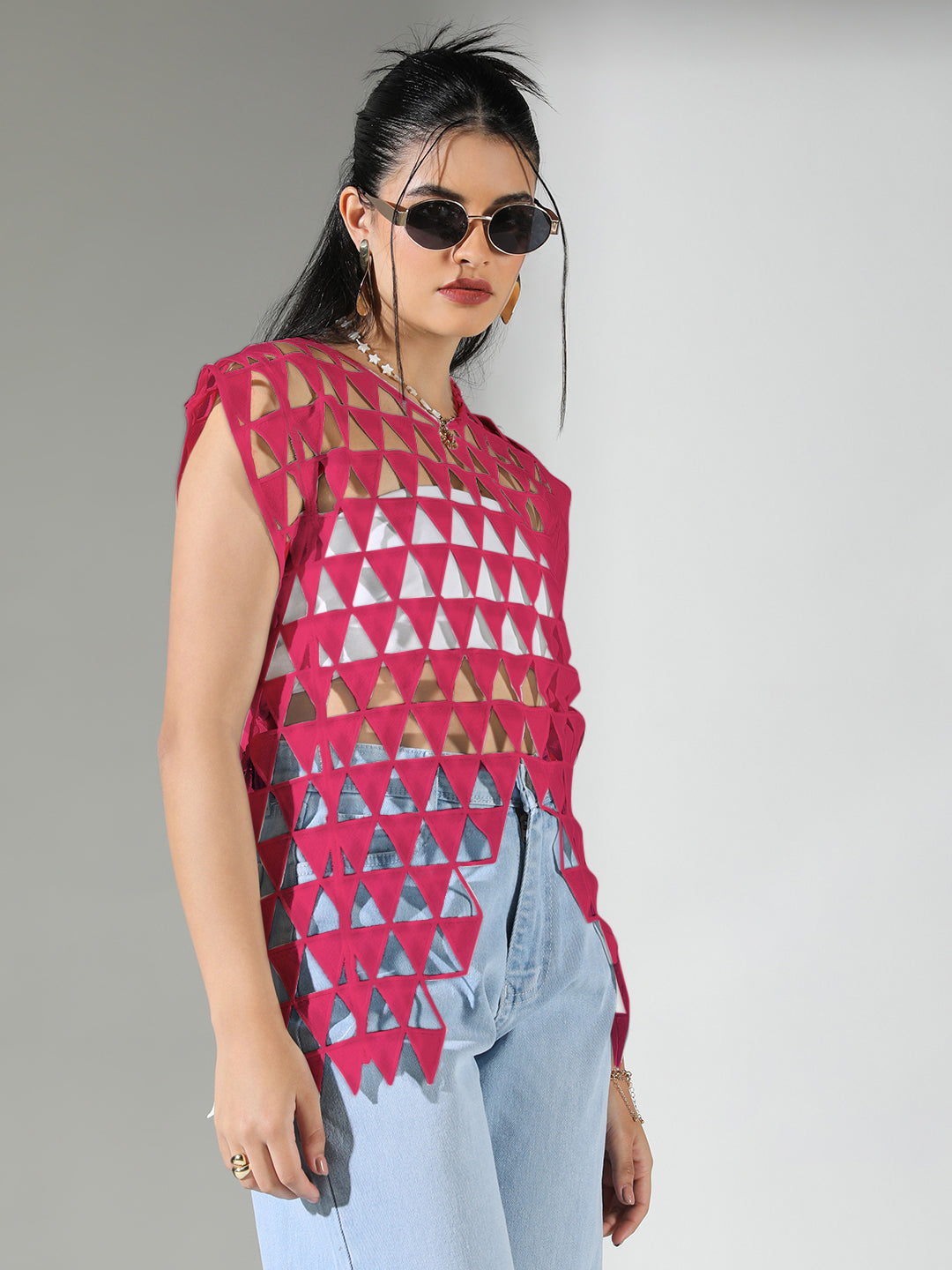 Women's Solid Pink Round Neck Crochet Top