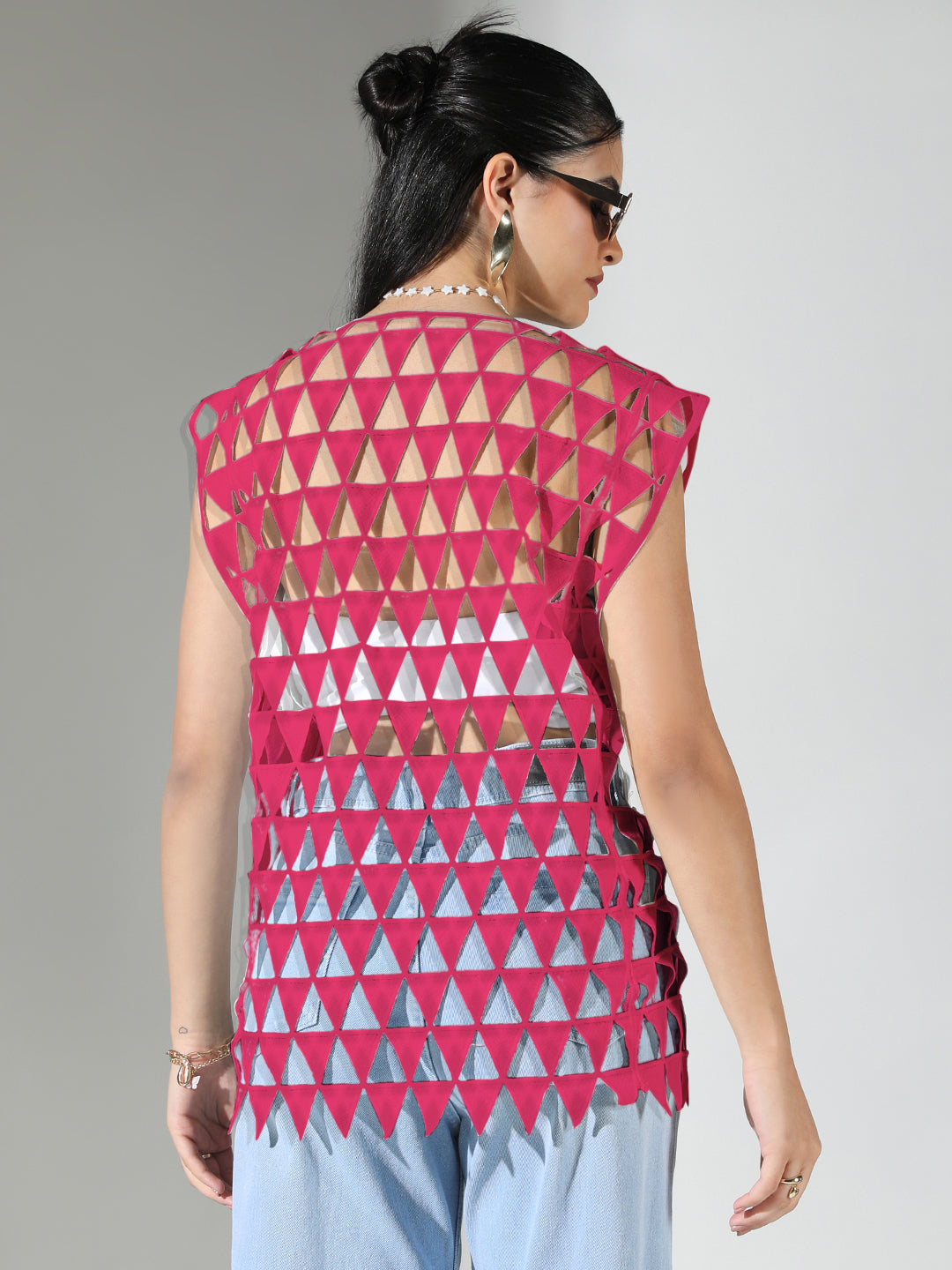 Women's Solid Pink Round Neck Crochet Top