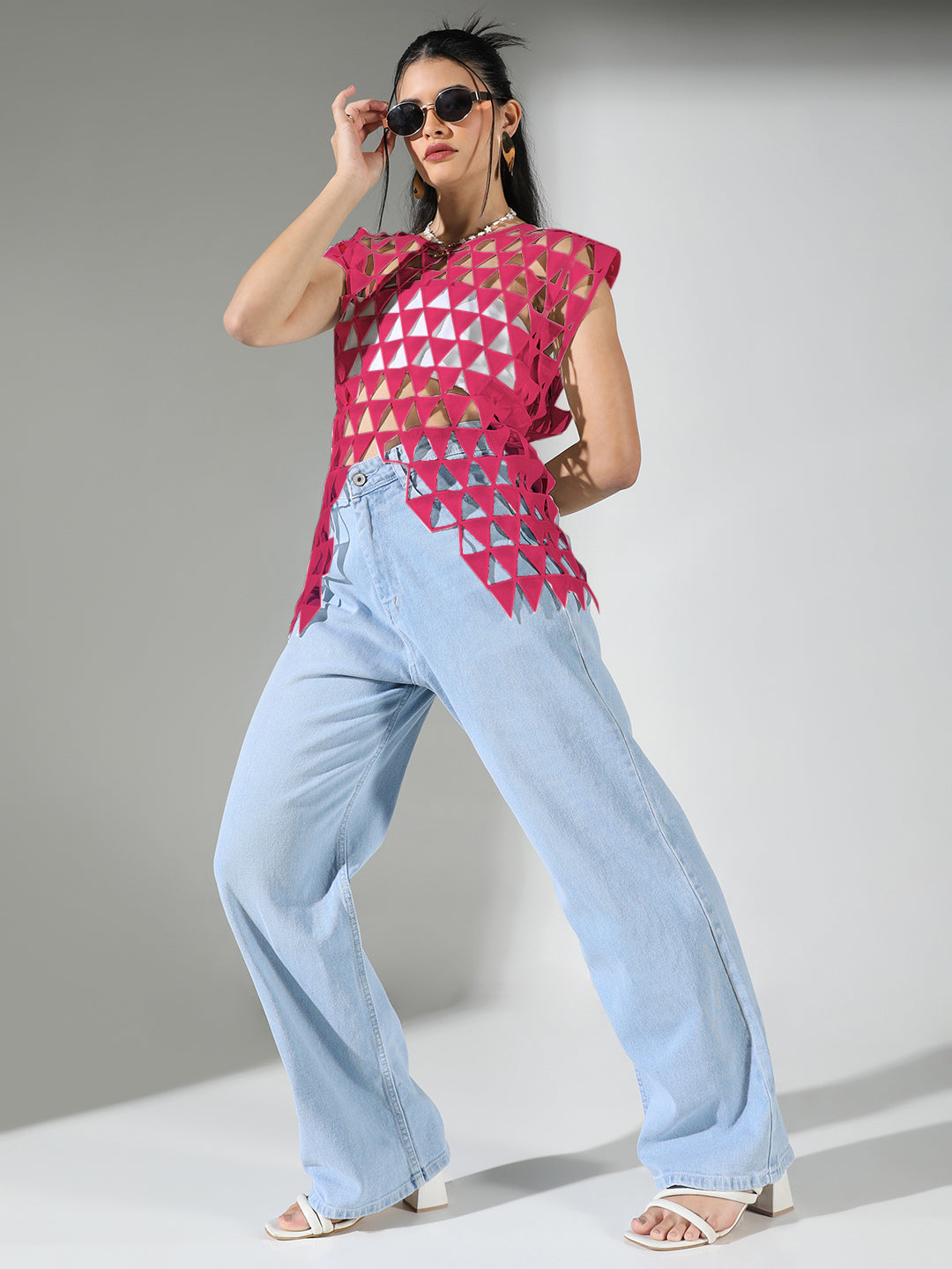 Women's Solid Pink Round Neck Crochet Top