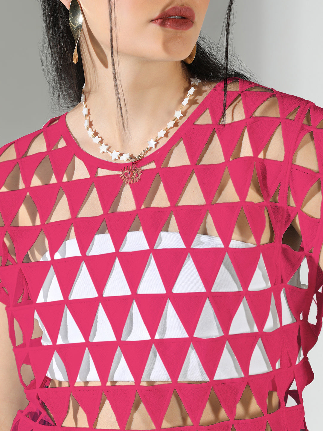 Women's Solid Pink Round Neck Crochet Top