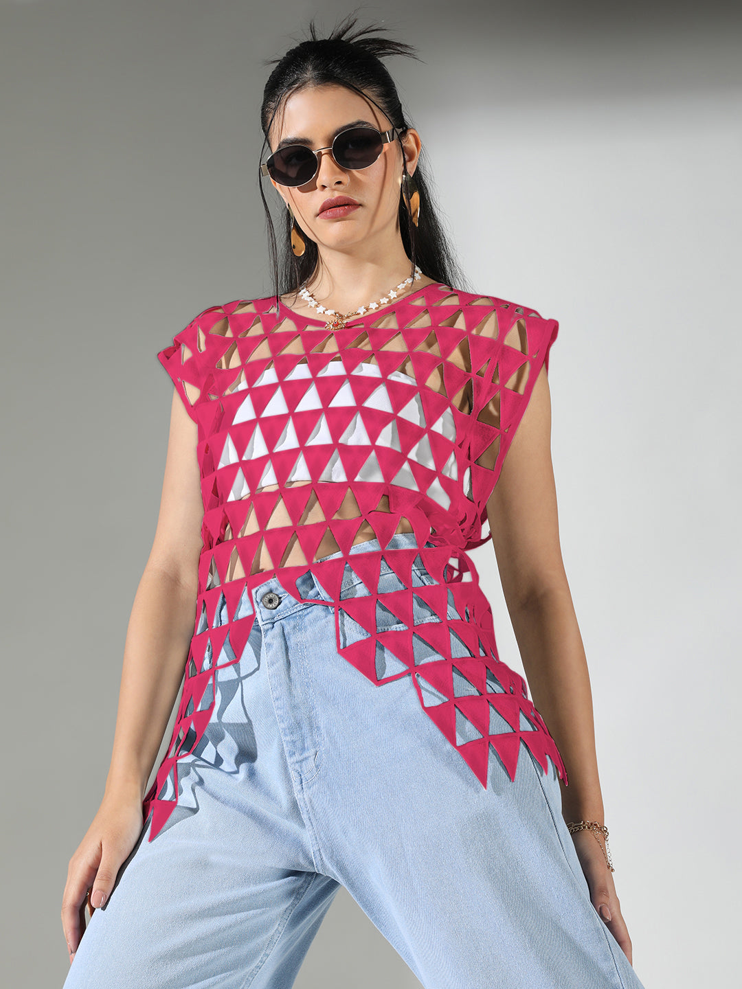 Women's Solid Pink Round Neck Crochet Top
