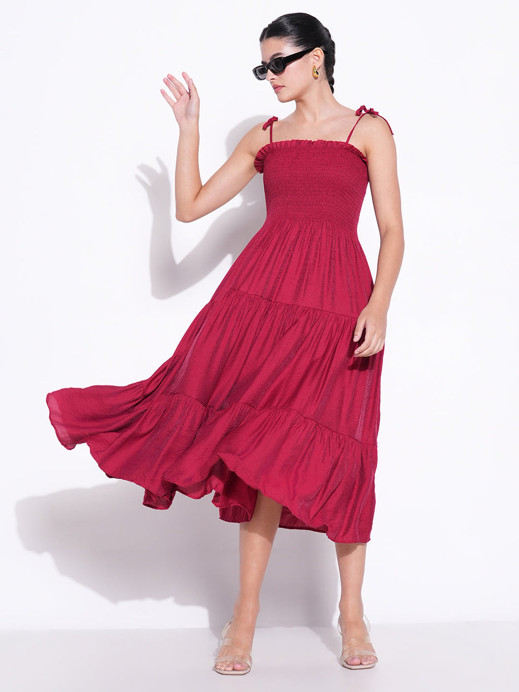 Women's Smocked Red Fit and Flare Tiered Midi Dress