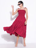 Women's Smocked Red Fit and Flare Tiered Midi Dress