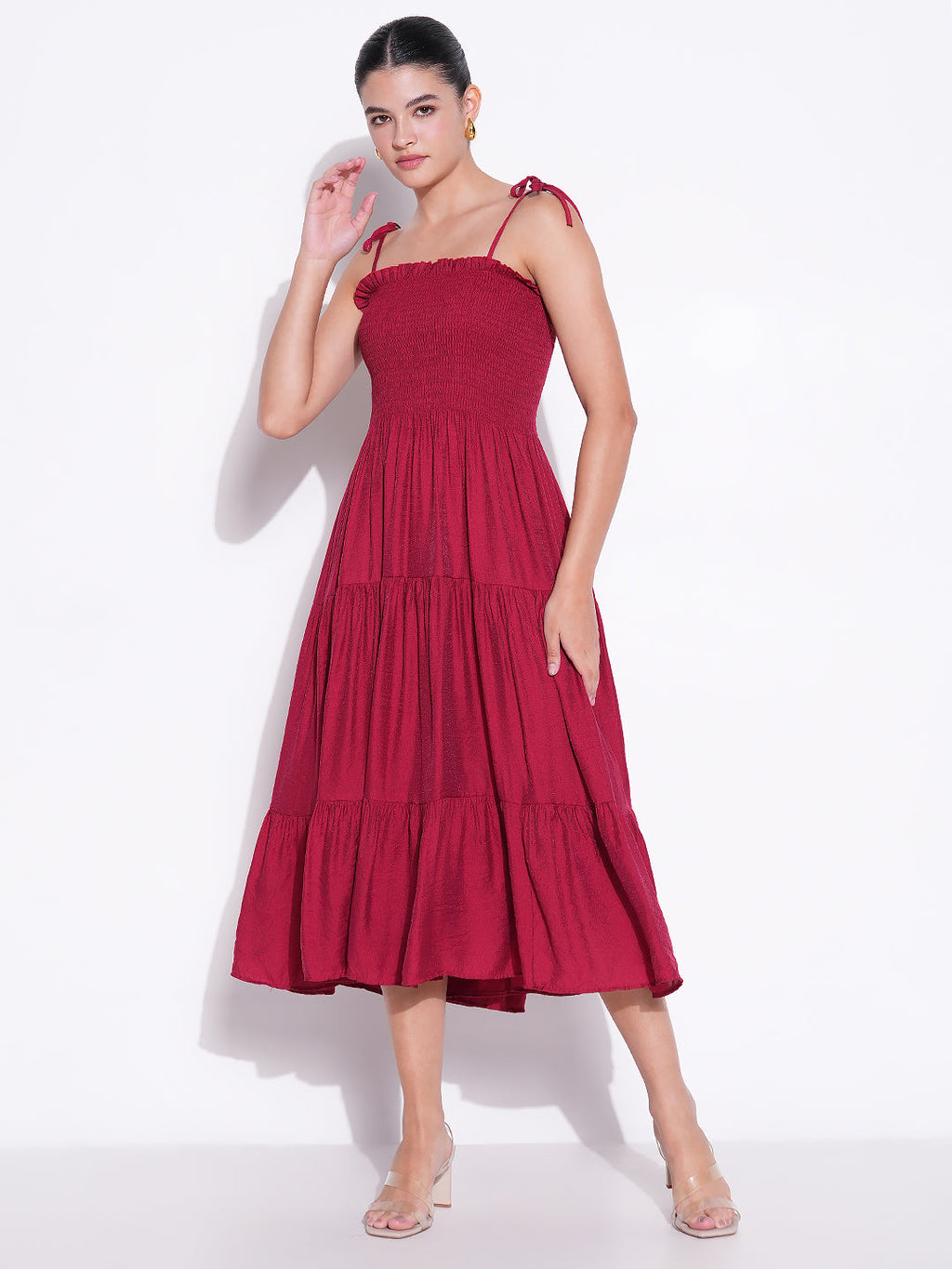 Women's Smocked Red Fit and Flare Tiered Midi Dress