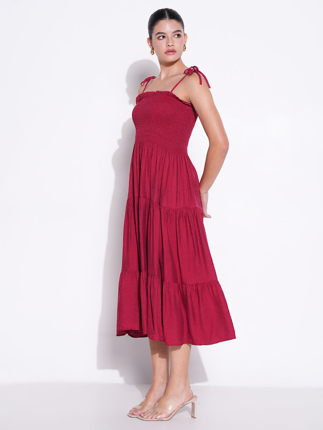 Women's Smocked Red Fit and Flare Tiered Midi Dress