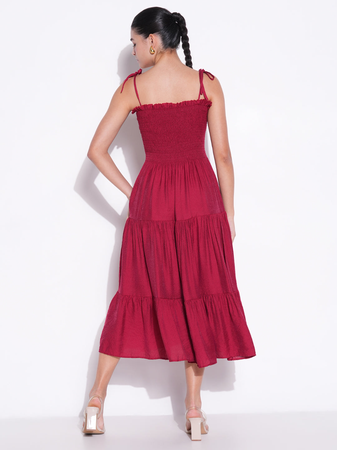 Women's Smocked Red Fit and Flare Tiered Midi Dress