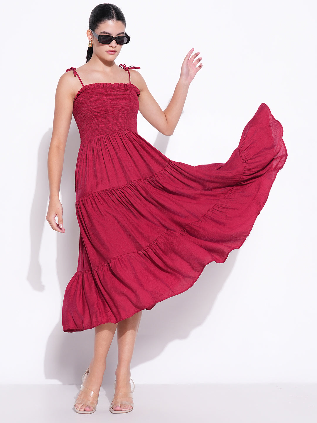 Women's Smocked Red Fit and Flare Tiered Midi Dress