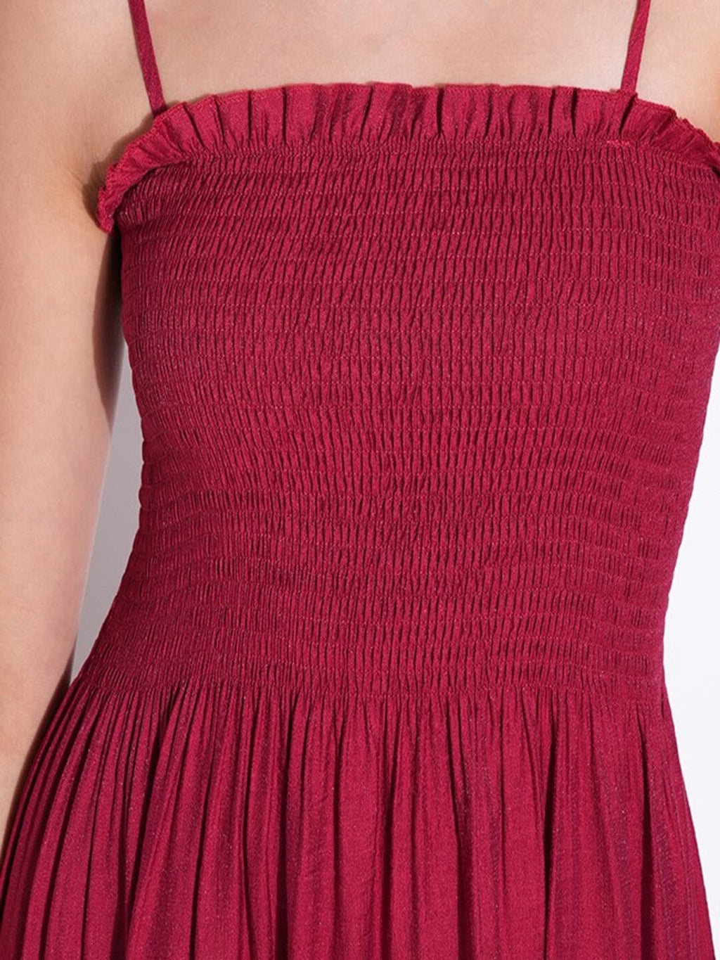 Women's Smocked Red Fit and Flare Tiered Midi Dress