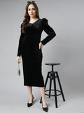 Women's Black V-Neck Long Sleeves Bodycon Midi Dress