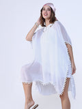 Women's White Cotton Kaftan Dress with Pom-Pom Detail