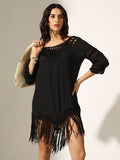 Women's Black Crochet Mini Dress with Fringe Hem