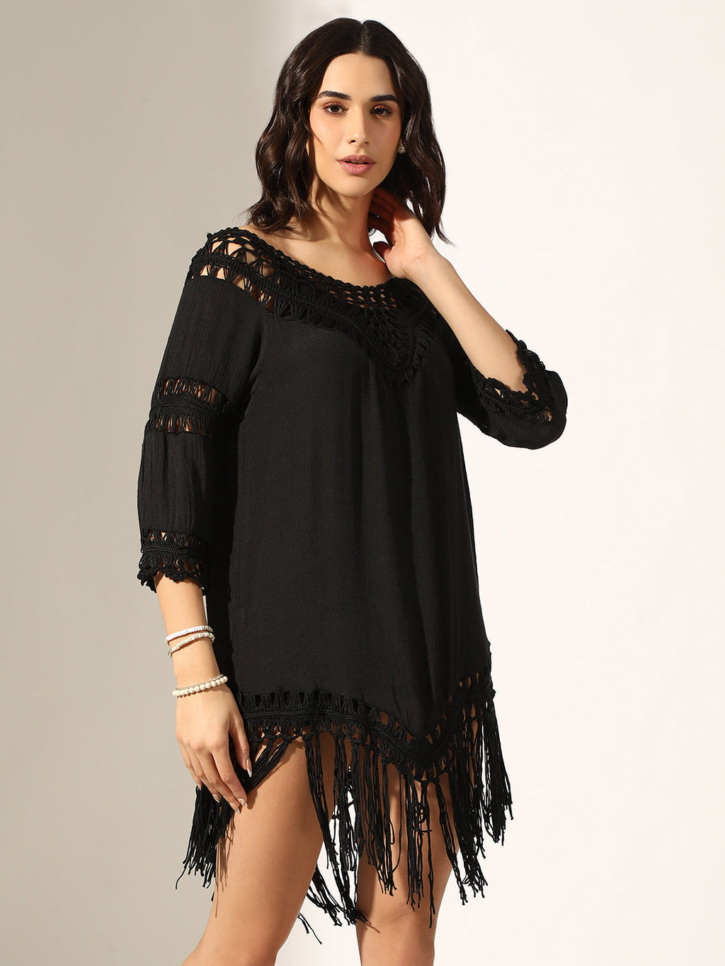 Women's Black Crochet Mini Dress with Fringe Hem