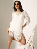 Women's White Crochet Mini Dress with Fringe Hem