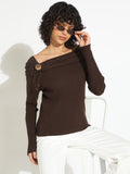 Women's Ribbed Brown Off-Shoulder Top with Shoulder Embellishment