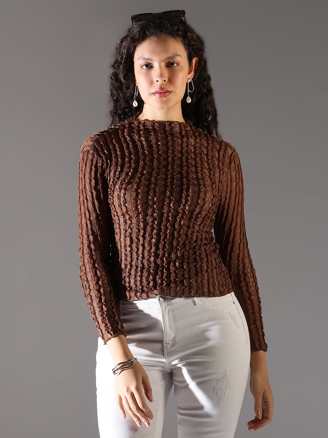 Women's Brown Self Design Fitted Top