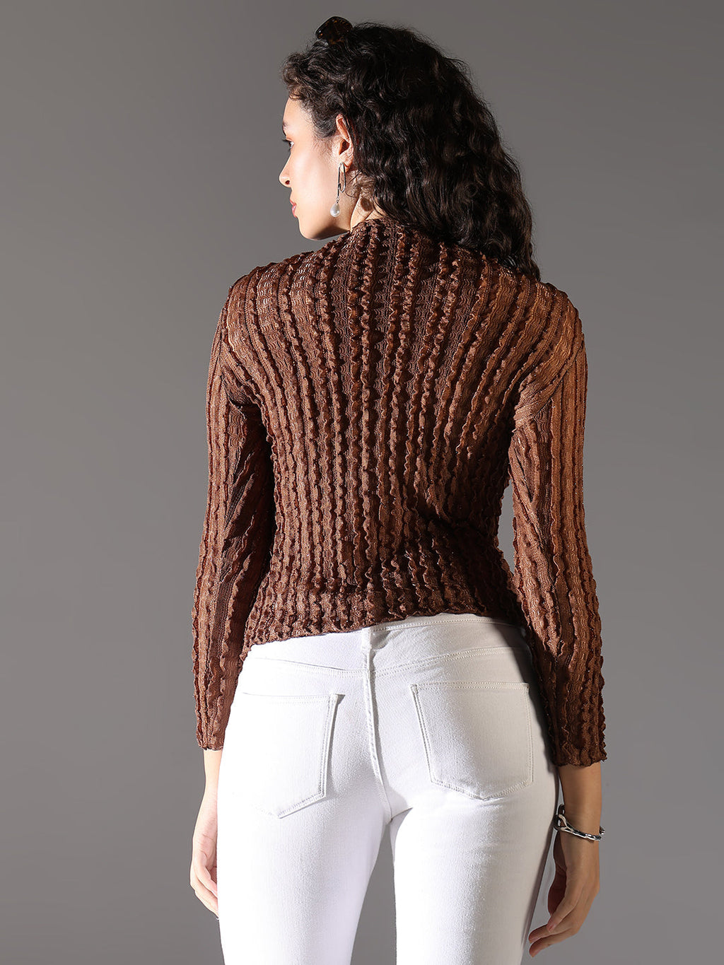 Women's Brown Self Design Fitted Top