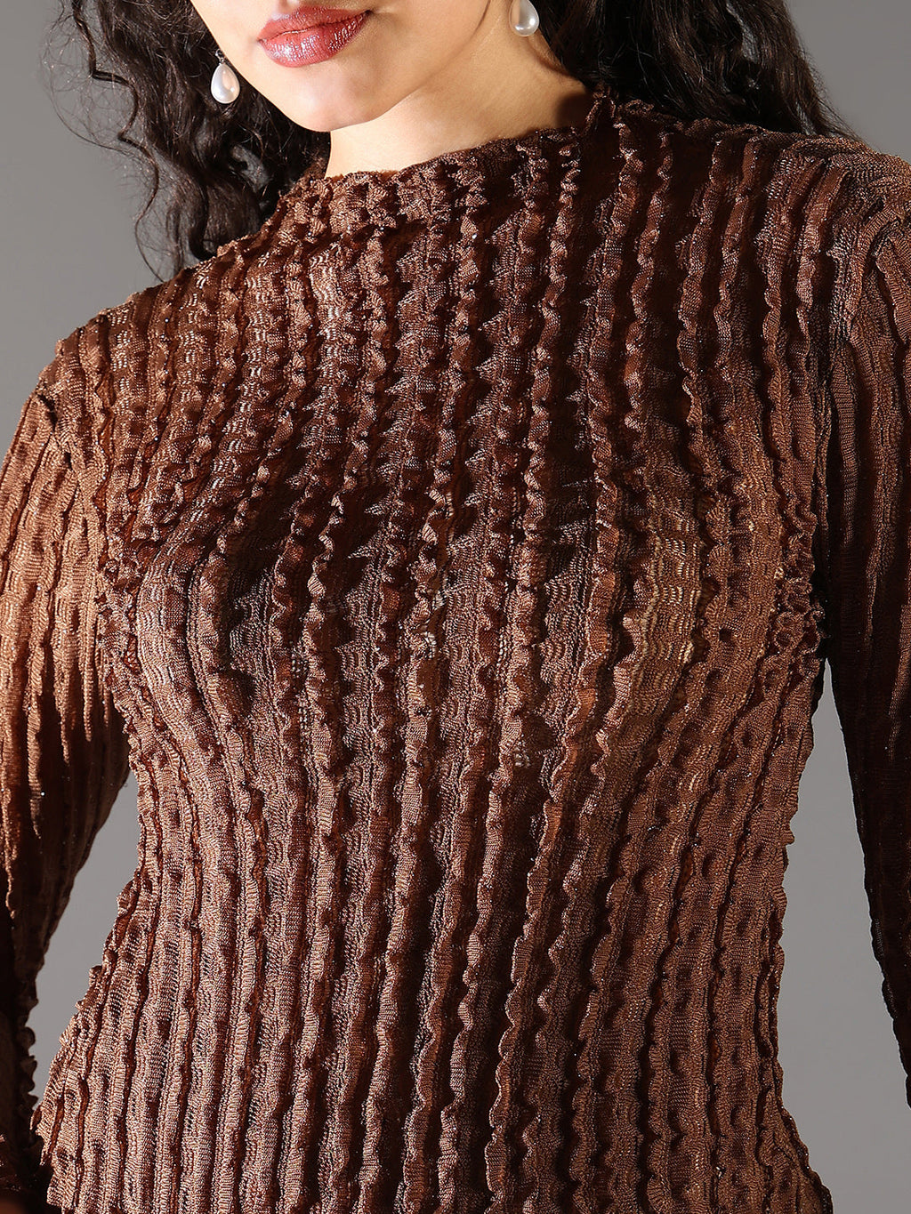 Women's Brown Self Design Fitted Top