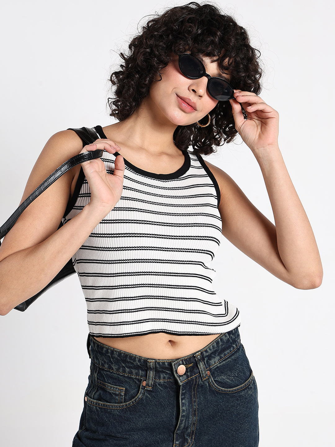 Women's Ribbed White  Striped Tank Top