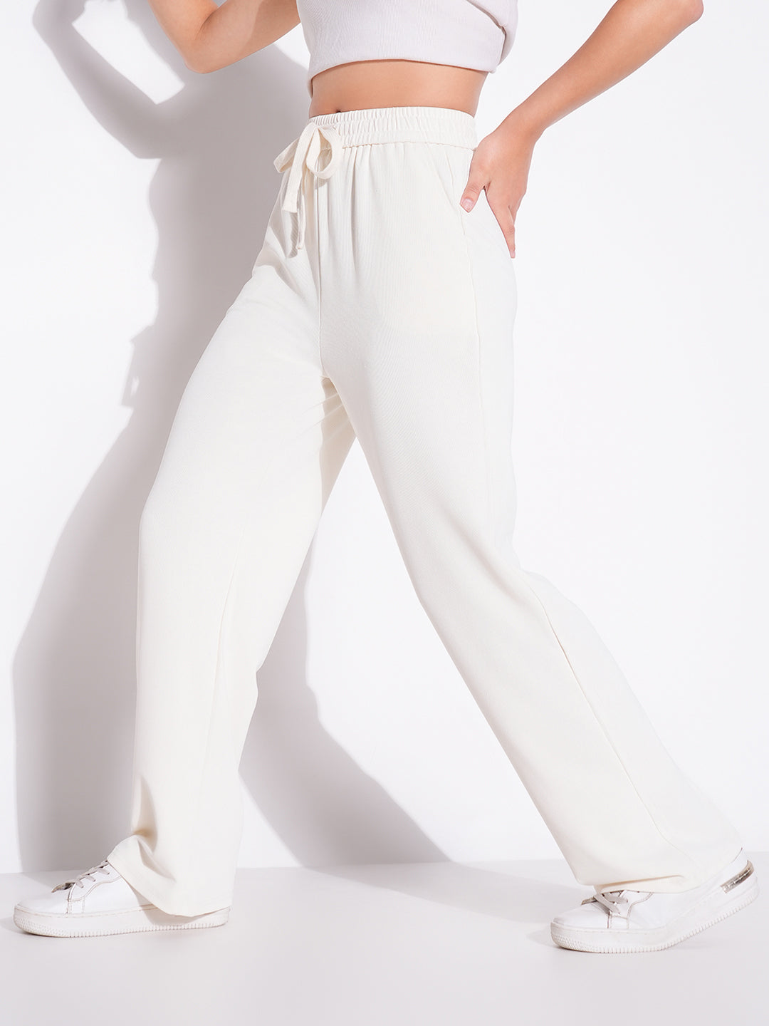 Women's Cream Comfort Regular Fit Mid-Rise Parallel Trousers