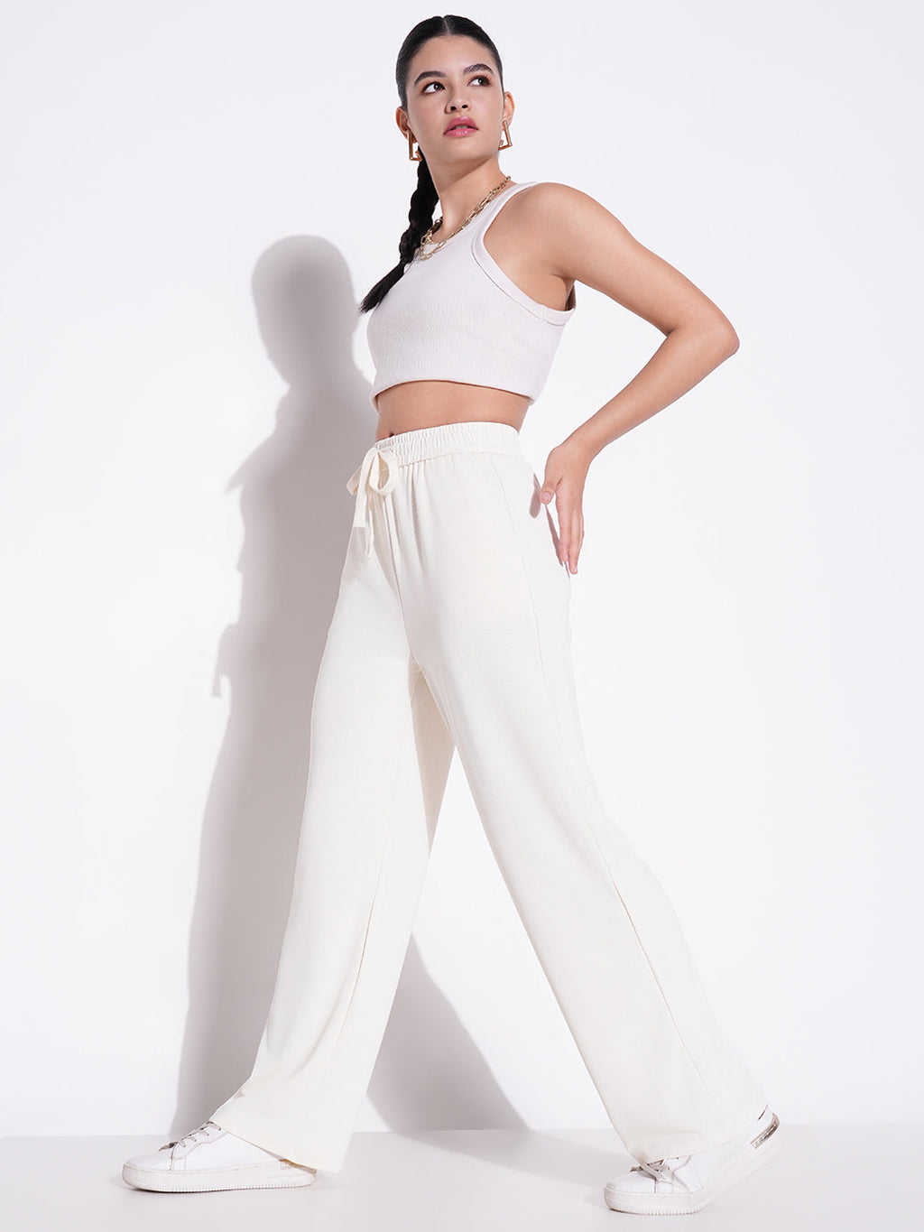Women's Cream Comfort Regular Fit Mid-Rise Parallel Trousers