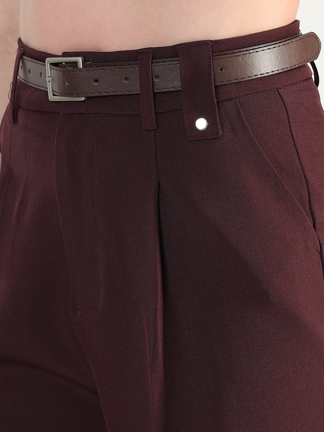 Women's Burgundy Straight Fit Korean Pants with Belt