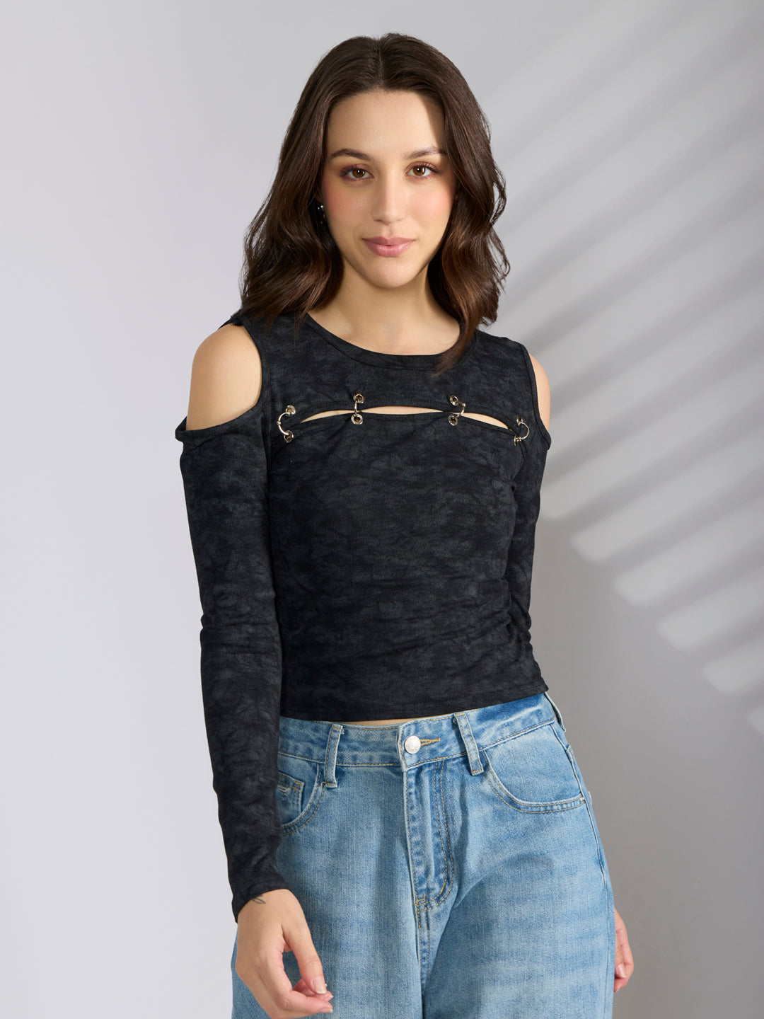 Women’s Charcoal Cold Shoulder Cut Out with Metal Ring Desig Long Sleeve Top