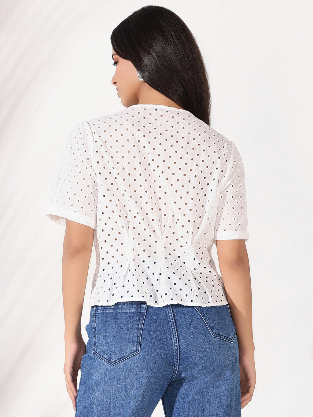 Women's Off White Solid Schiffli Top