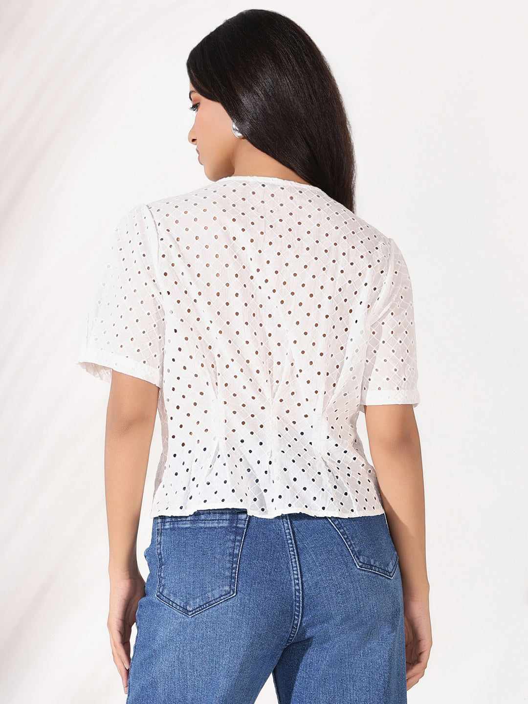 Women's Off White Solid Schiffli Top