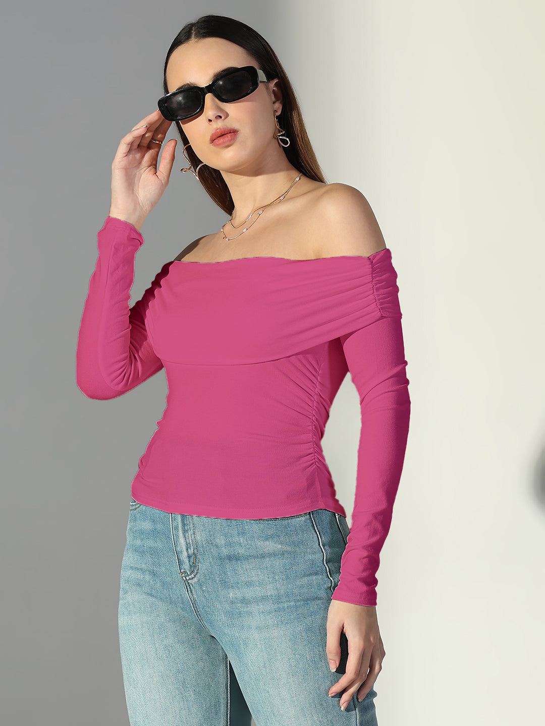 Women's Solid Pink Off-Shoulder Top
