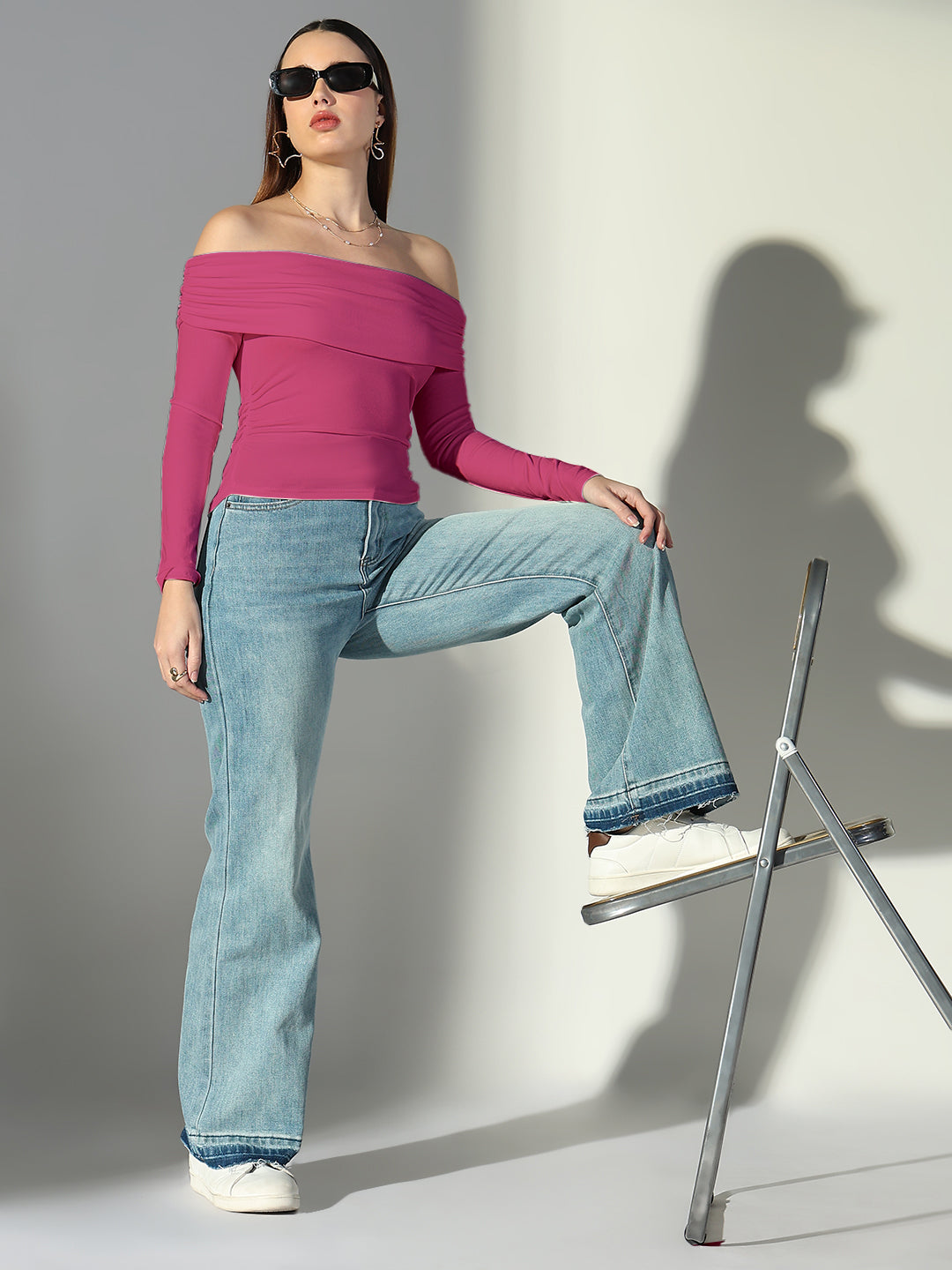 Women's Solid Pink Off-Shoulder Top
