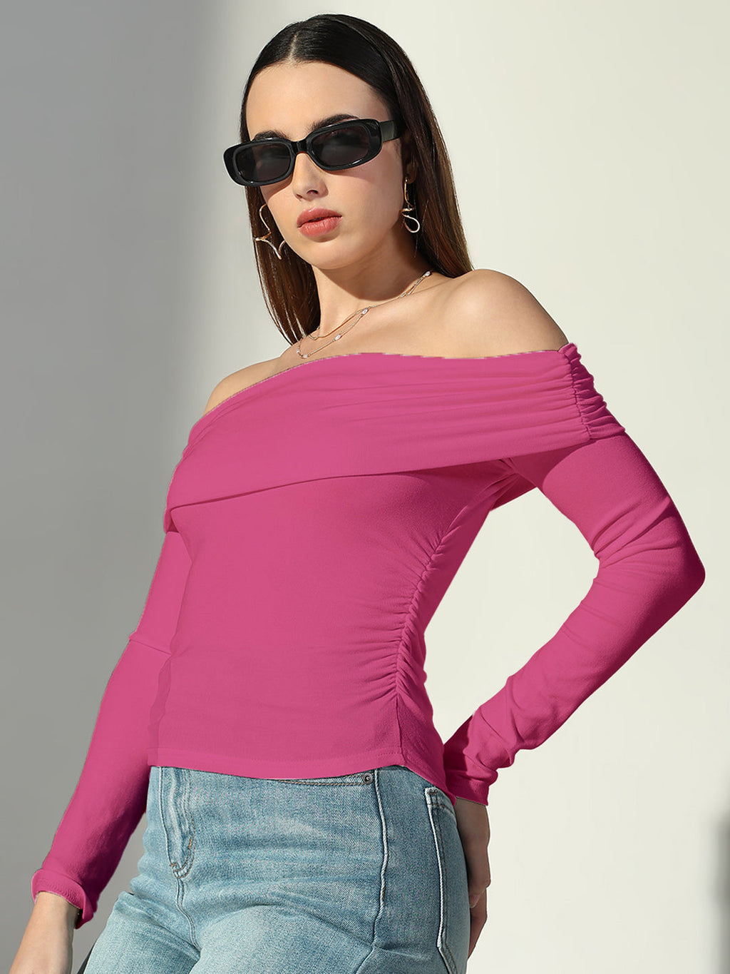 Women's Solid Pink Off-Shoulder Top