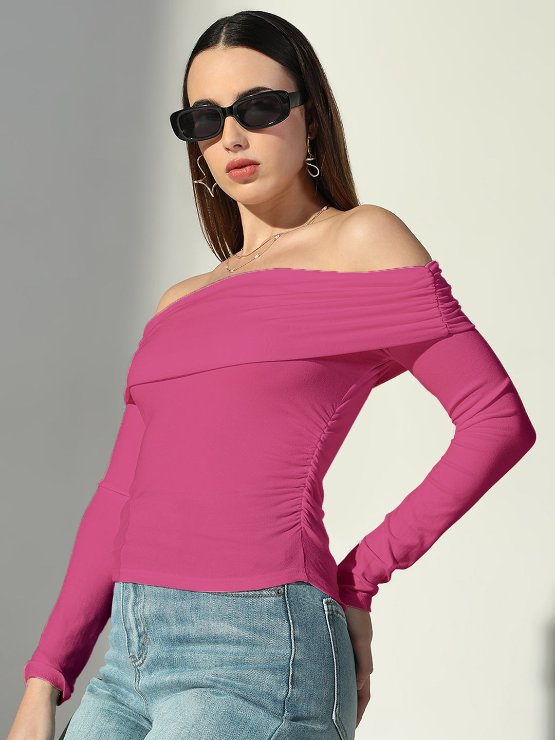 Women's Solid Pink Off-Shoulder Top