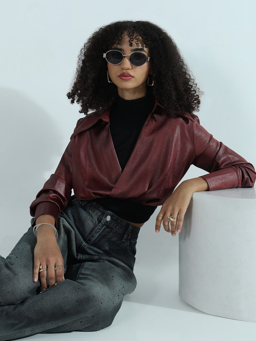 Women's Maroon Faux Leather Shirt Style Crop Top