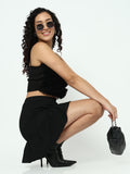 Women's Ruffle Black Net Crop Top with Shoulder Straps