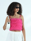 Women's Ruffle Pink Net Crop Top with Shoulder Straps