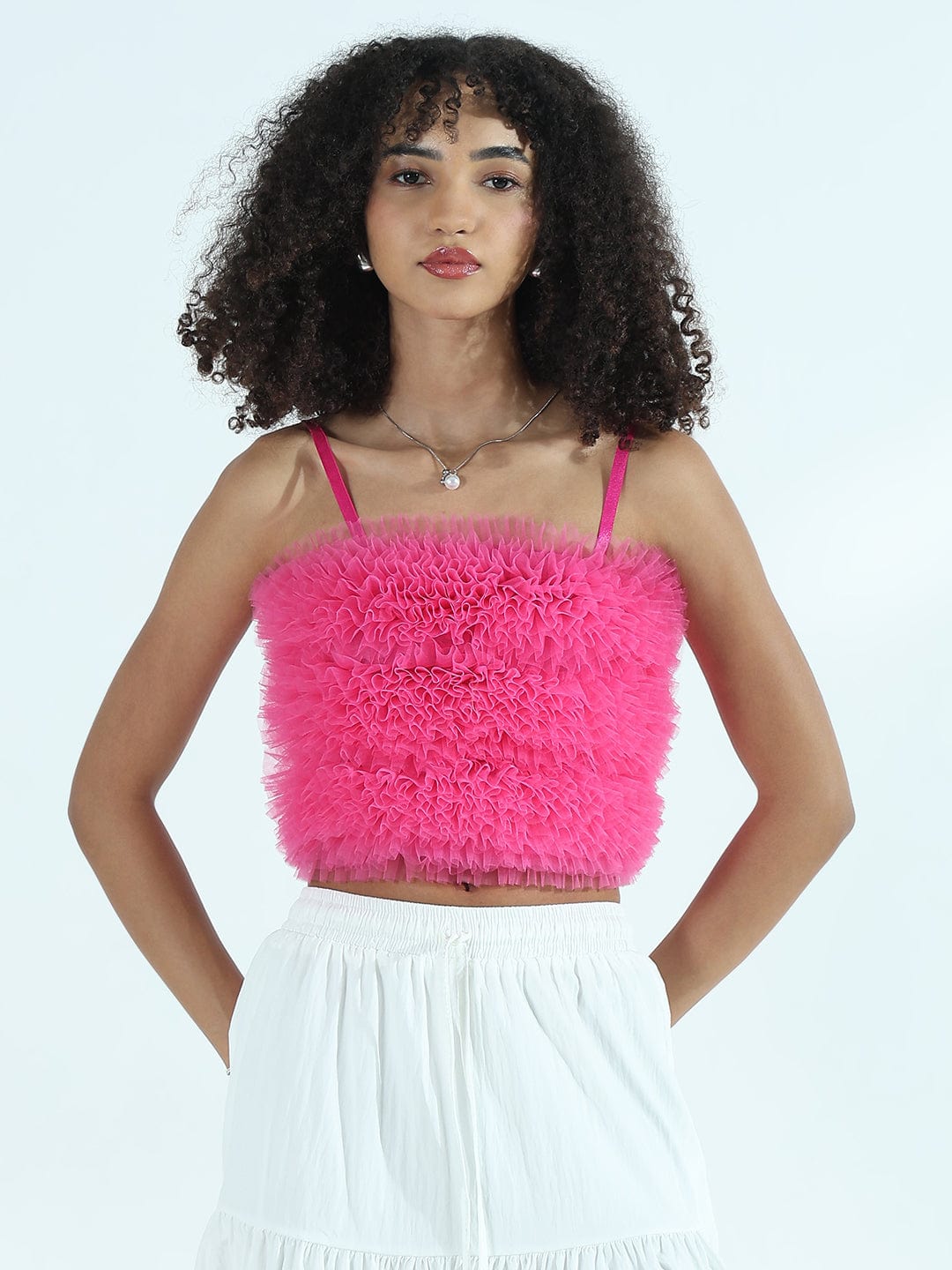 Women's Ruffle Pink Net Crop Top with Shoulder Straps