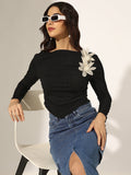 Women's Ribbed Black Ruched Top with Flower Applique Detail