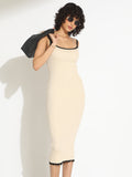 Women's Ribbed Cream Bodycon Sleeveless Dress with Trim Detail