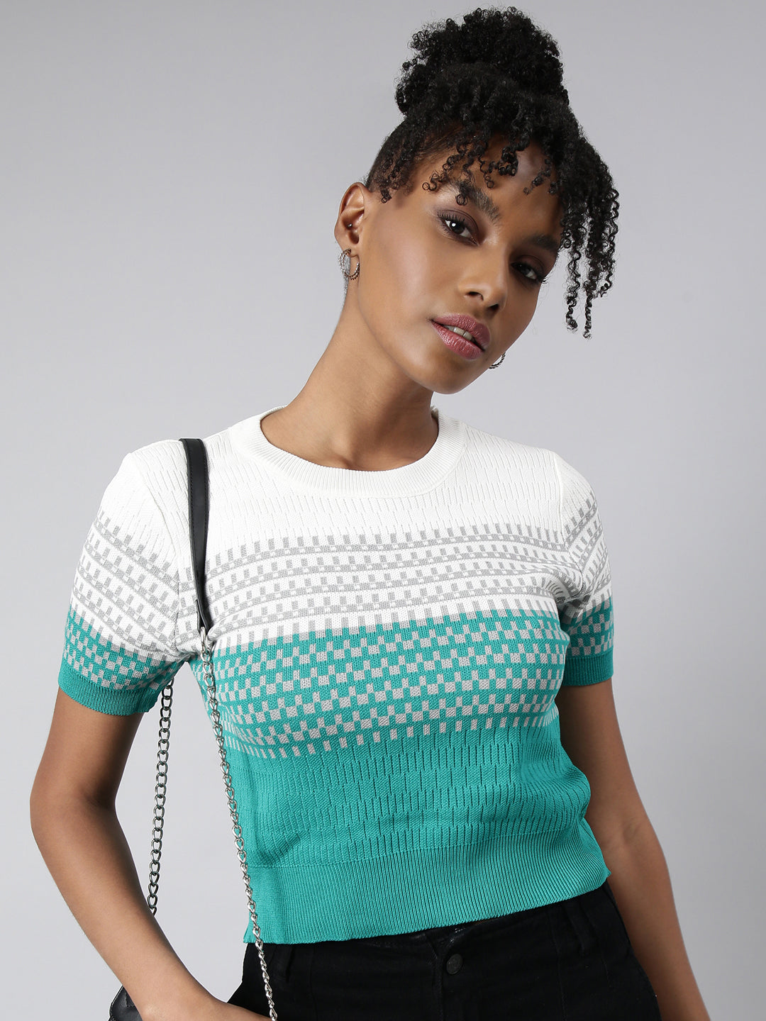 Women's Turquoise Blue Geometric Fitted Top