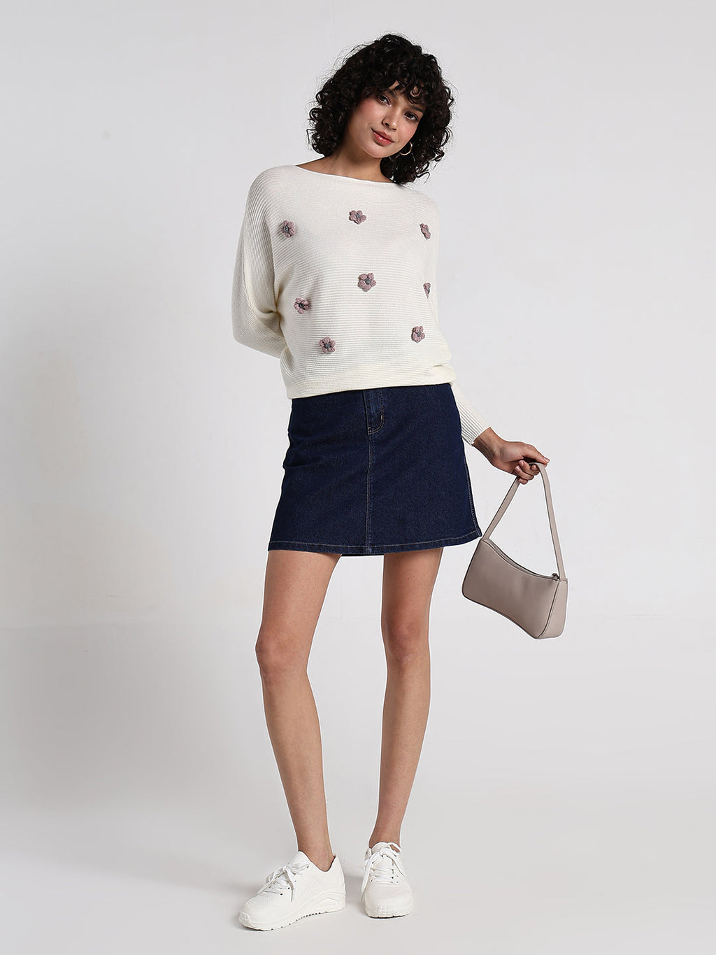 Women's Off White Textured Knit Top with Flower Applique Detail