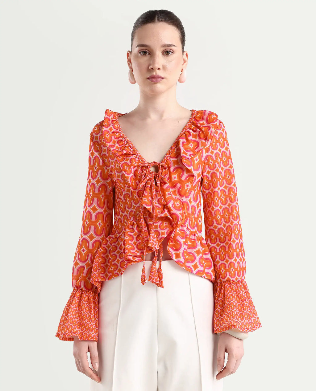Rareism Women's Christa Multi Cotton V-Neck Geometric Print Bell Sleeve Regular Fit Shrug